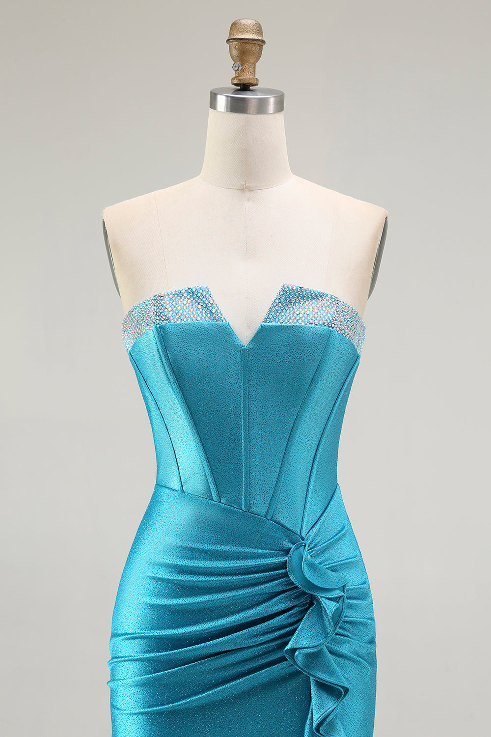 Mermaid Strapless Corset Beaded Blue Ball Dress with Ruffle Slit