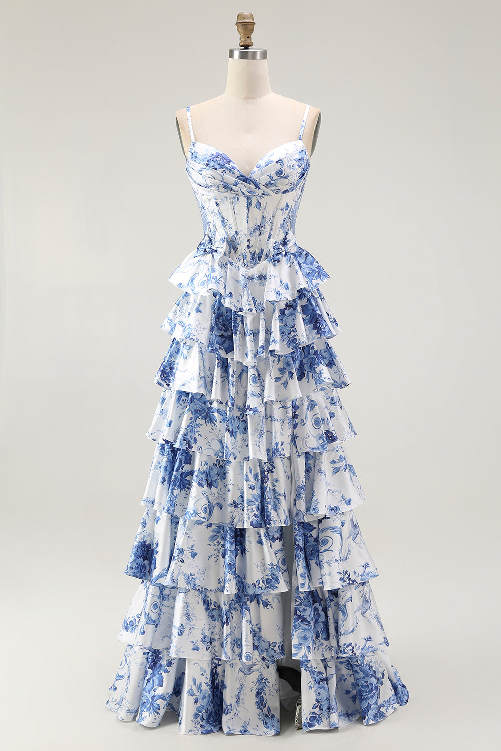 White Blue Floral Corset A Line Tiered Ball Dress