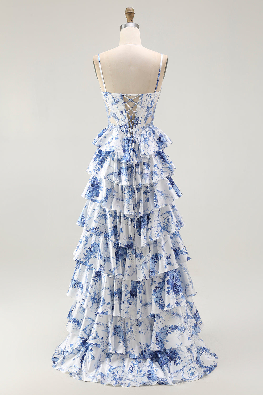 White Blue Floral Corset A Line Tiered Ball Dress
