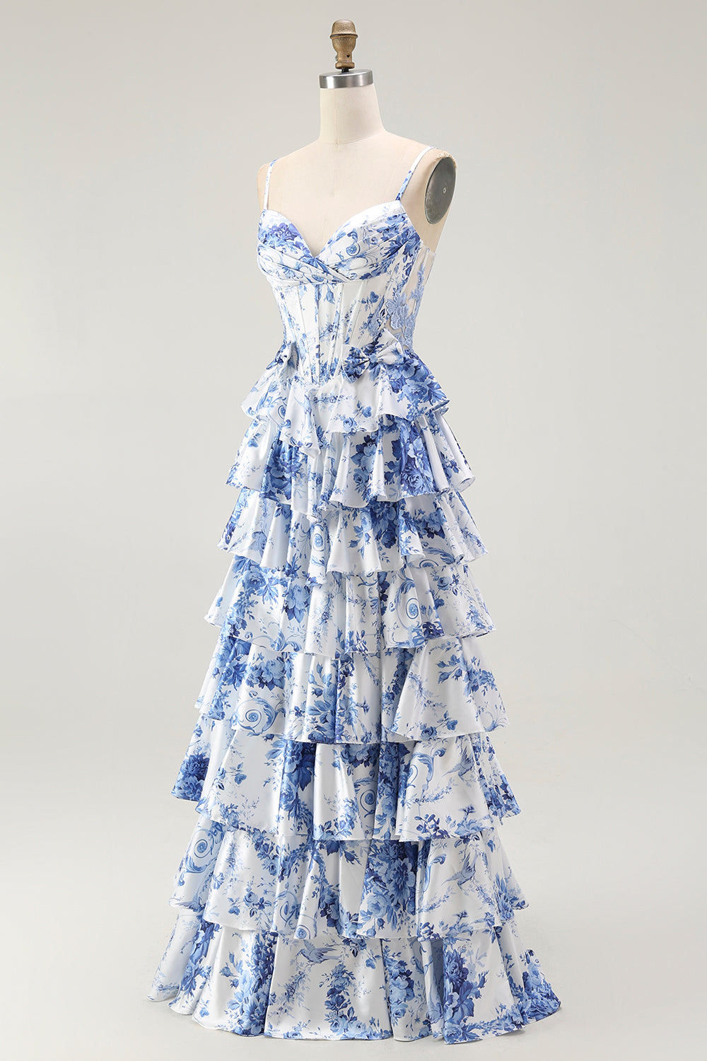 White Blue Floral Corset A Line Tiered Ball Dress