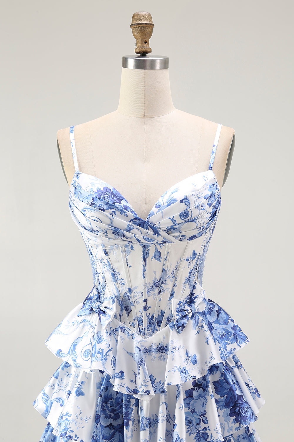 White Blue Floral Corset A Line Tiered Ball Dress