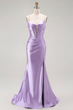 Purple Mermaid Corset Beaded Long Ball Dress with Slit
