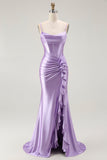 Purple Mermaid Corset Ruched Long Ball Dress with Ruffled Slit