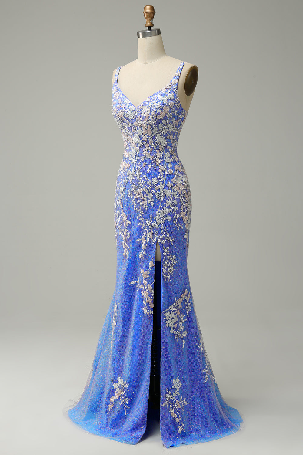 Mermaid V Neck Light Purple Long Ball Dress with Appliques Beading