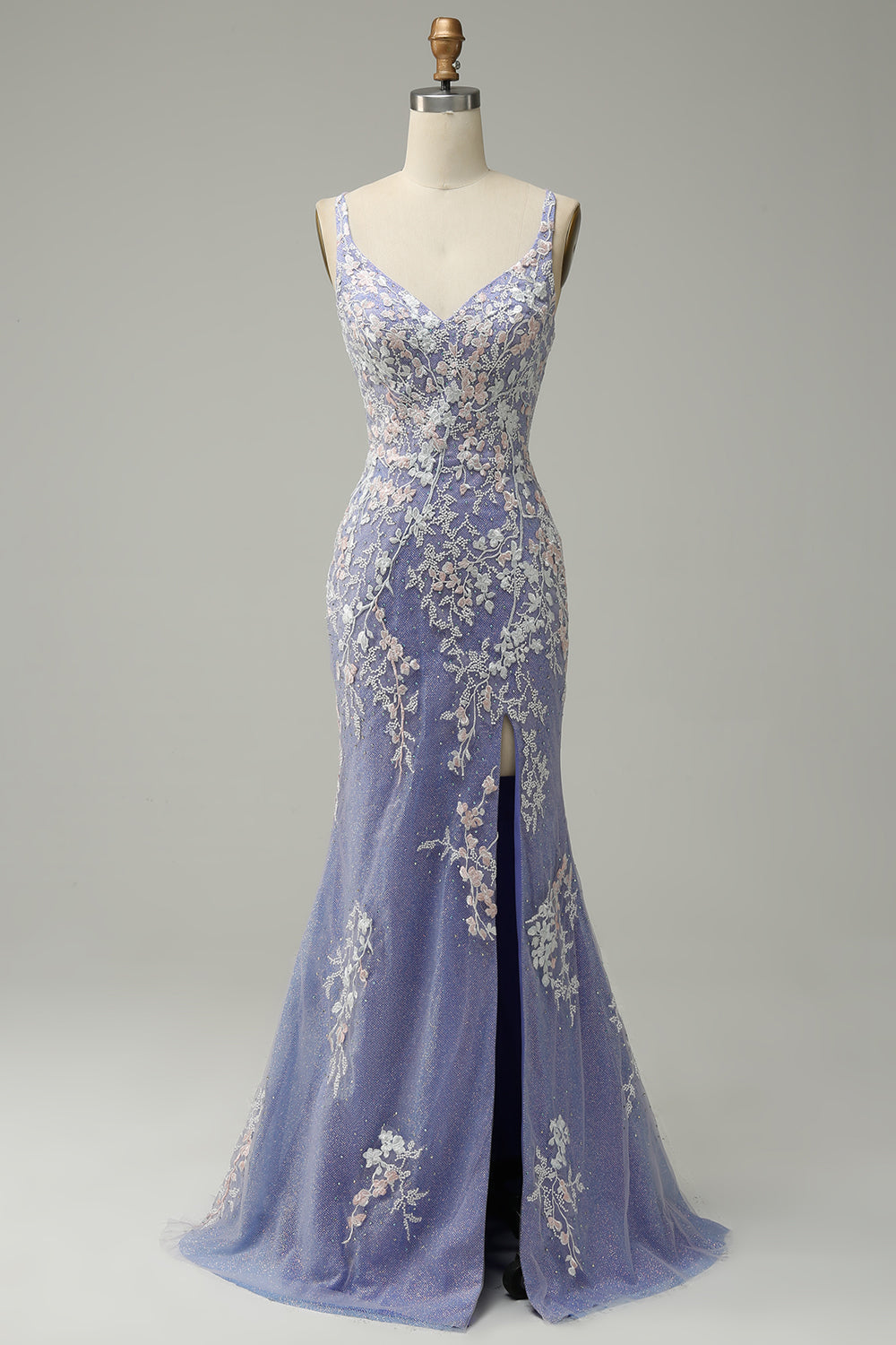 Mermaid V Neck Light Purple Long Ball Dress with Appliques Beading