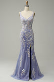 Mermaid V Neck Light Purple Long Ball Dress with Appliques Beading