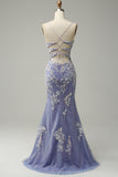 Mermaid V Neck Light Purple Long Ball Dress with Appliques Beading