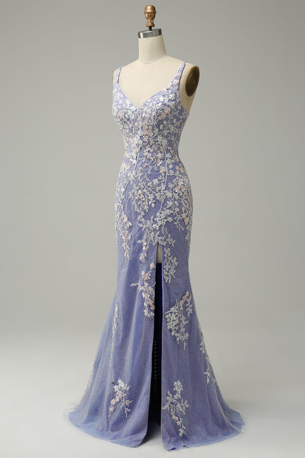 Mermaid V Neck Light Purple Long Ball Dress with Appliques Beading