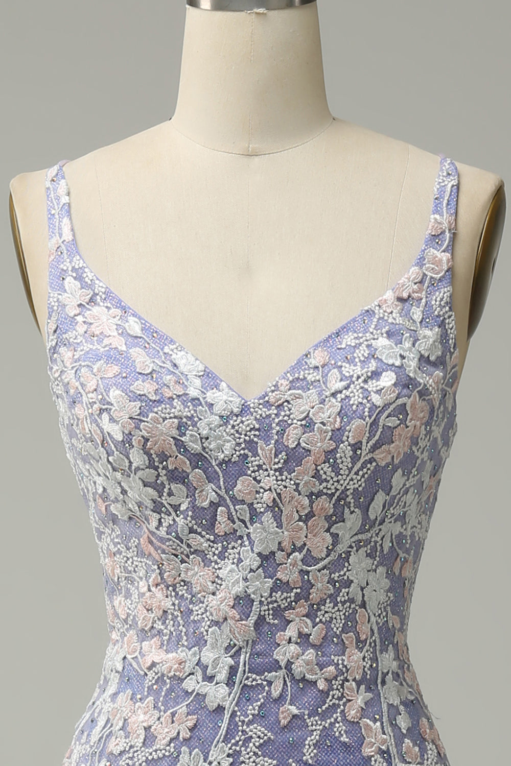 Mermaid V Neck Light Purple Long Ball Dress with Appliques Beading