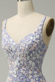 Mermaid V Neck Light Purple Long Ball Dress with Appliques Beading