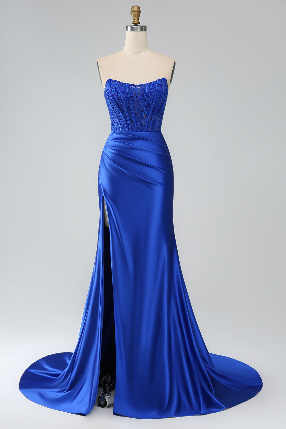 Royal Blue Mermaid Strapless Long Corset Ball Dress with Slit