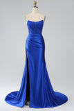 Royal Blue Mermaid Strapless Long Corset Ball Dress with Slit