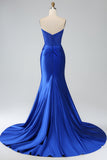 Royal Blue Mermaid Strapless Long Corset Ball Dress with Slit
