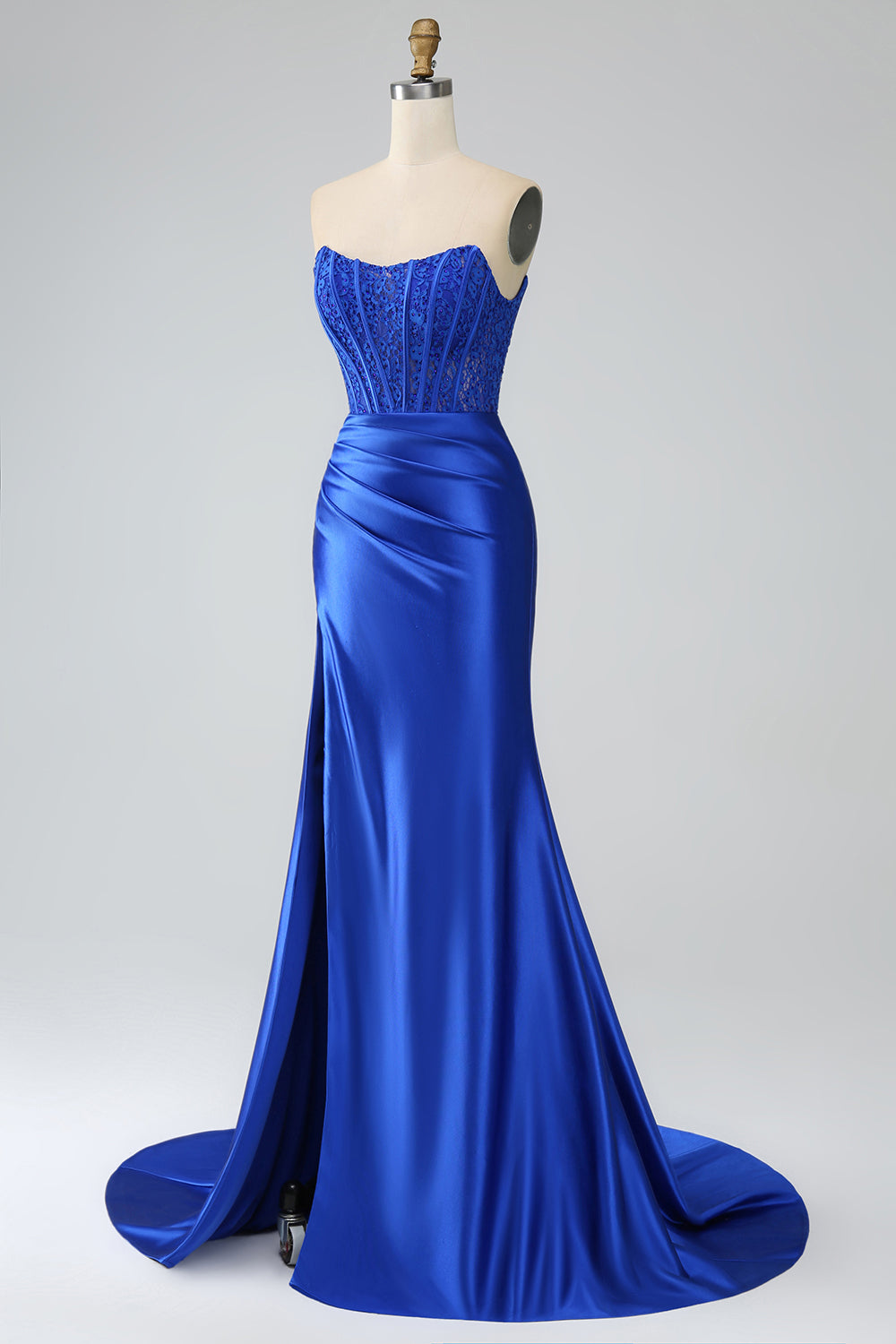Royal Blue Mermaid Strapless Long Corset Ball Dress with Slit