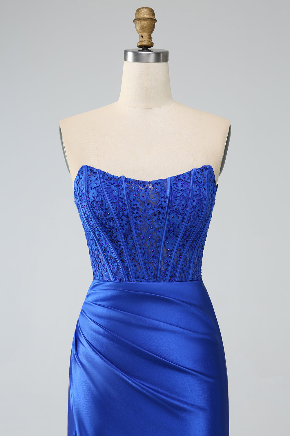 Royal Blue Mermaid Strapless Long Corset Ball Dress with Slit