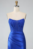 Royal Blue Mermaid Strapless Long Corset Ball Dress with Slit