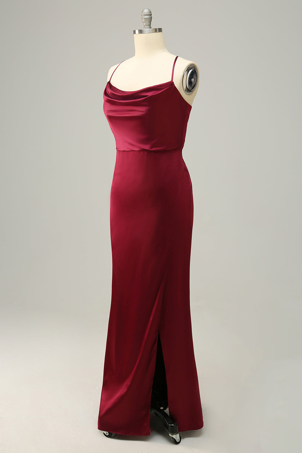 Burgundy Satin Sheath Halter Plus Size Bridesmaid Dress With Slit