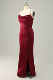 Burgundy Satin Sheath Halter Plus Size Bridesmaid Dress With Slit