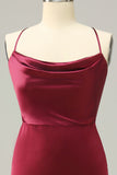 Burgundy Satin Sheath Halter Plus Size Bridesmaid Dress With Slit
