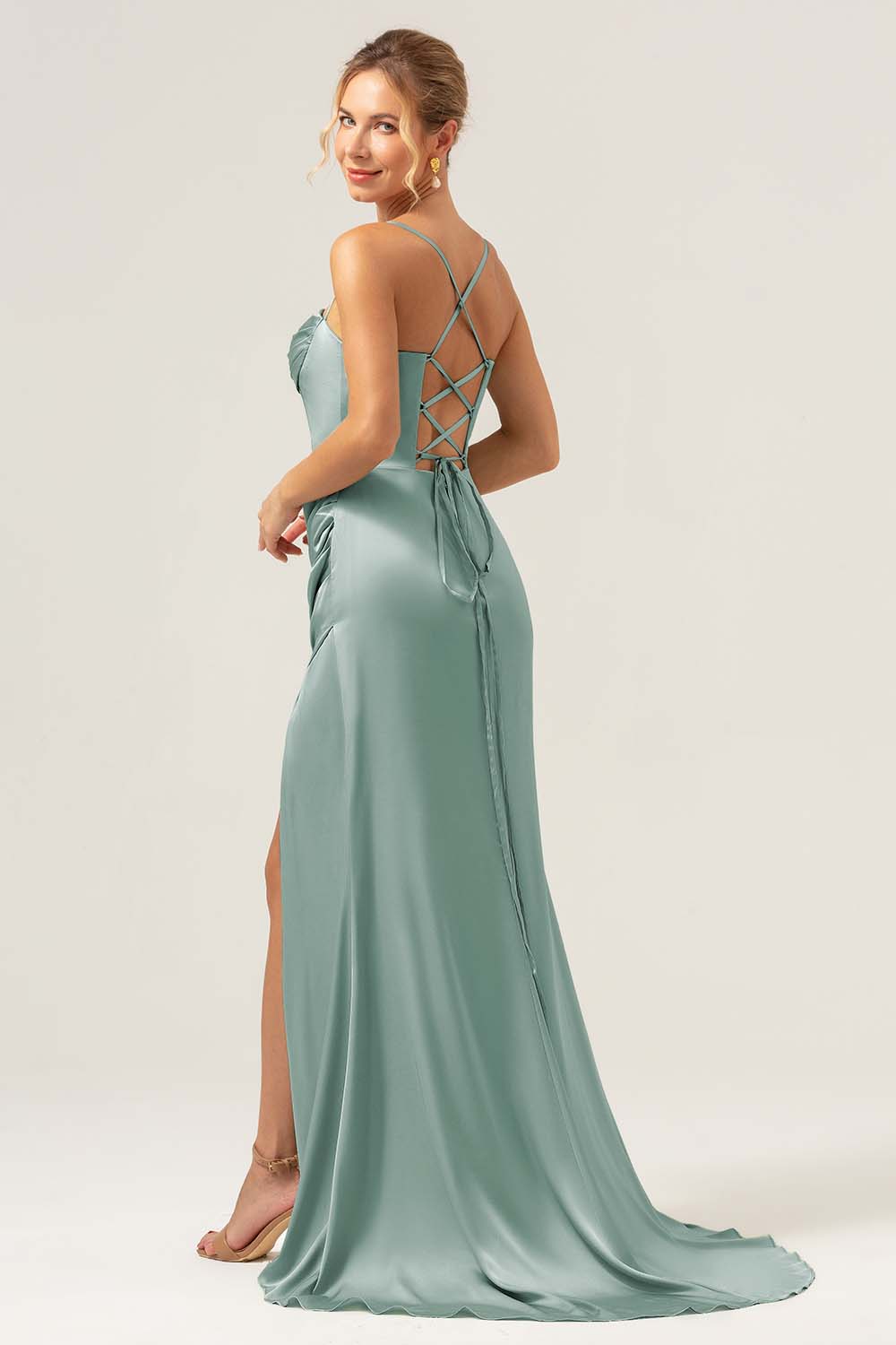 Dark Green Mermaid Spaghetti Straps Corset Satin Bridesmaid Dress with Slit