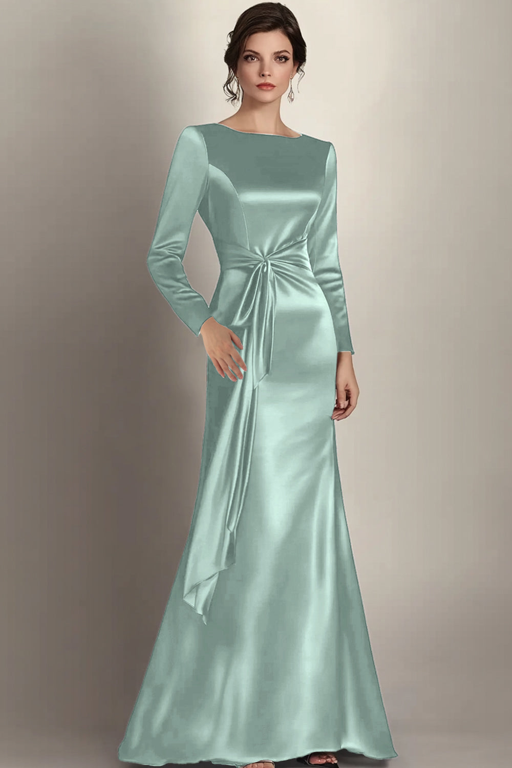 Black Mermaid Long Sleeves Satin Ruched Long Mother of the Bride Dress