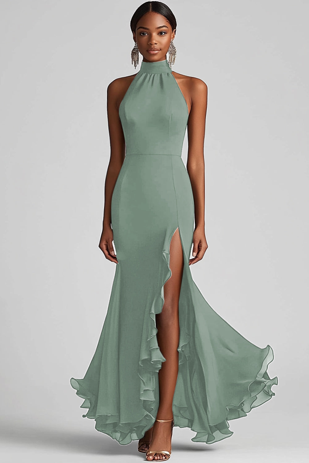 Black Halter Neck Ruffles Mermaid Long Formal Dress