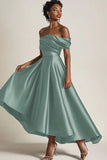 Olive A-Line Off the Shoulder Ruched Satin Ankle Length Mother of the Bride Dress