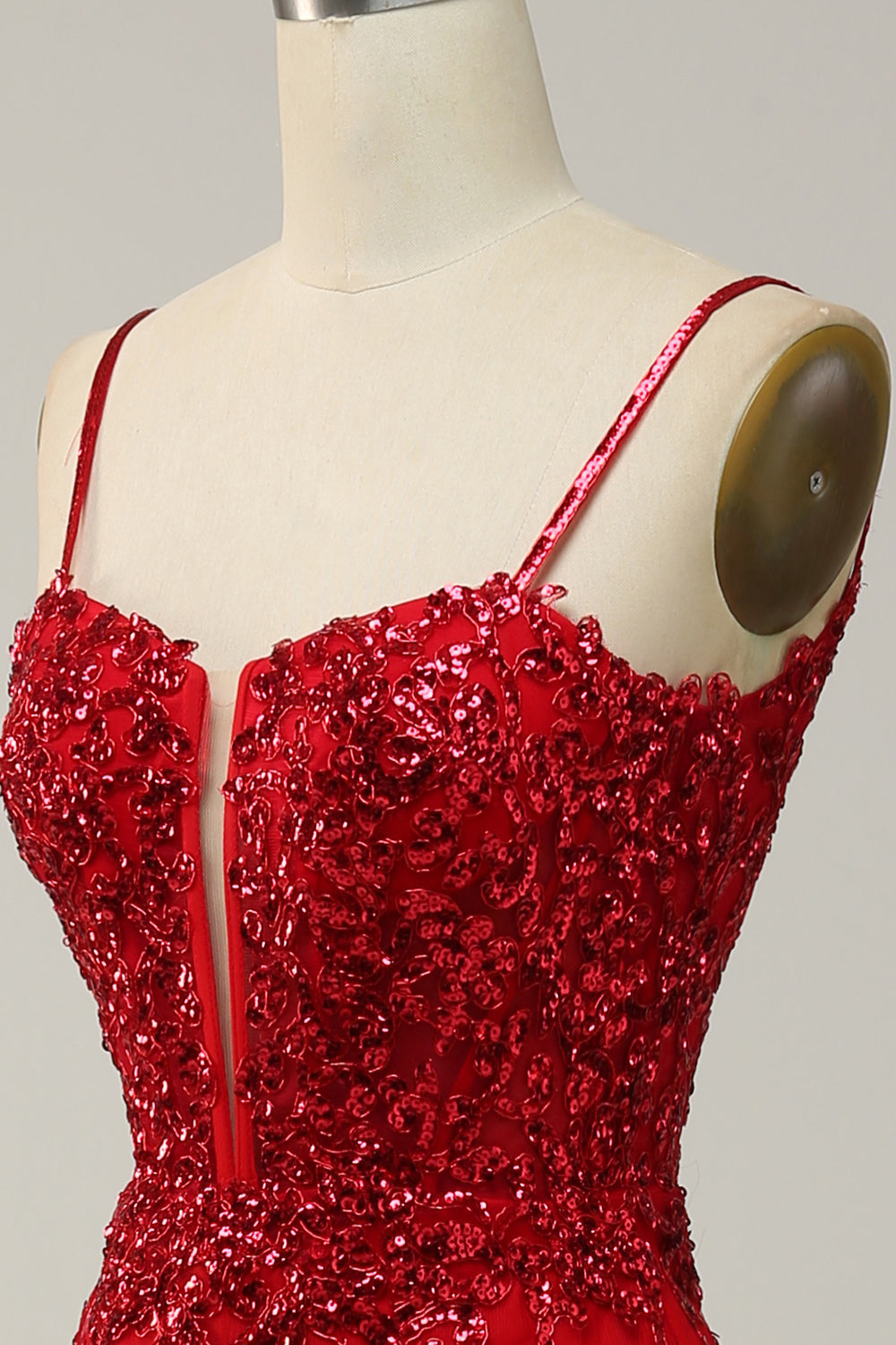 Red Mermaid Spaghetti Straps Sequins Long Ball Dress with Split Front