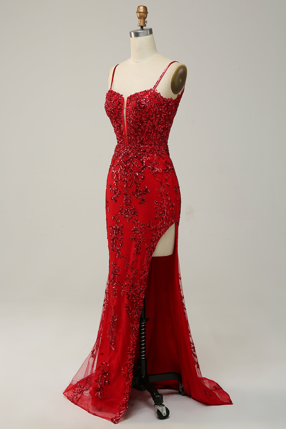 Red Mermaid Spaghetti Straps Sequins Long Ball Dress with Split Front