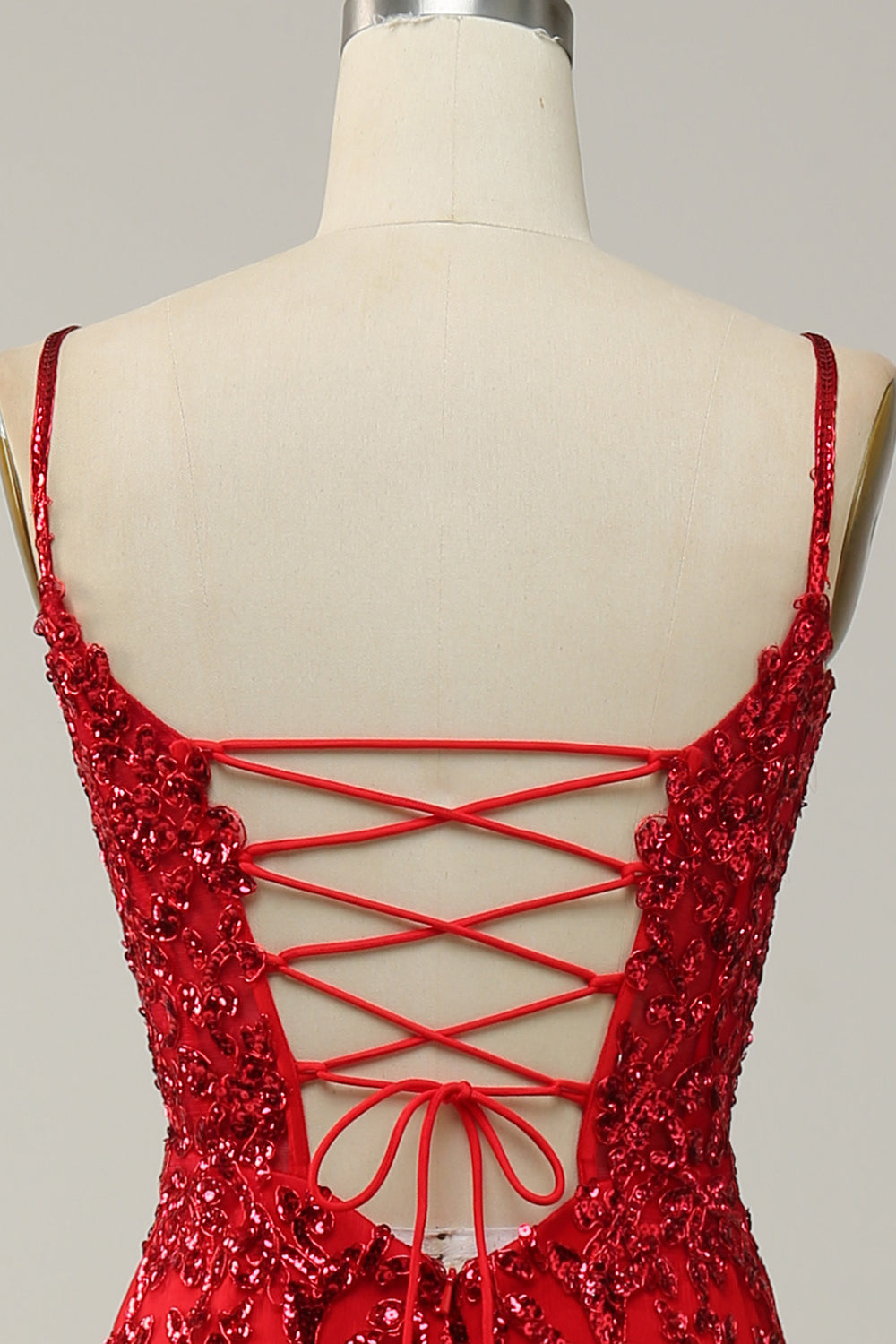 Red Mermaid Spaghetti Straps Sequins Long Ball Dress with Split Front
