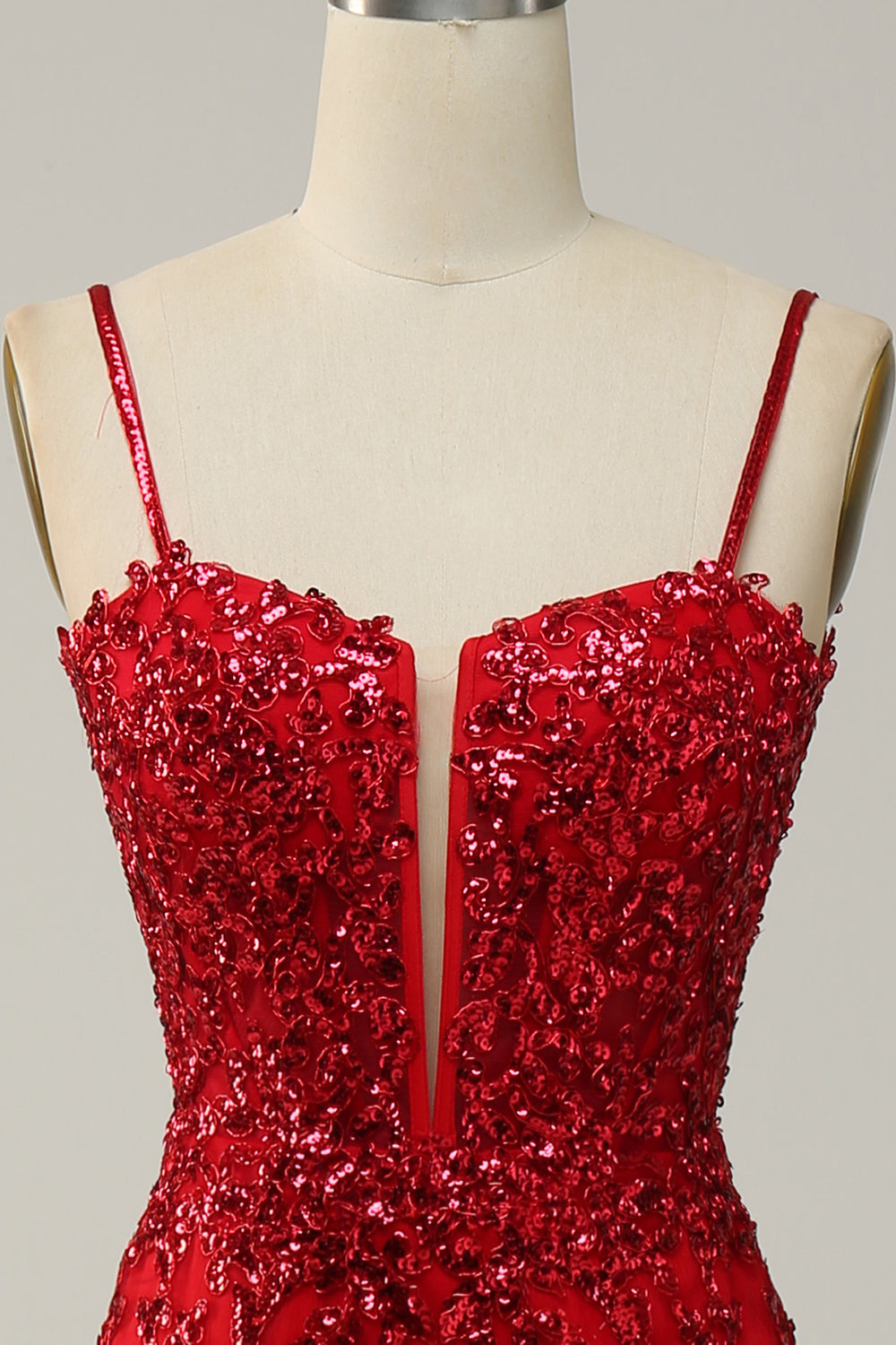 Red Mermaid Spaghetti Straps Sequins Long Ball Dress with Split Front