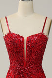 Red Mermaid Spaghetti Straps Sequins Long Ball Dress with Split Front