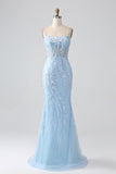 Sky Blue Sparkly Mermaid Corset Ball Dress with Sequins