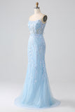 Sky Blue Sparkly Mermaid Corset Ball Dress with Sequins