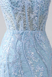 Sky Blue Sparkly Mermaid Corset Ball Dress with Sequins