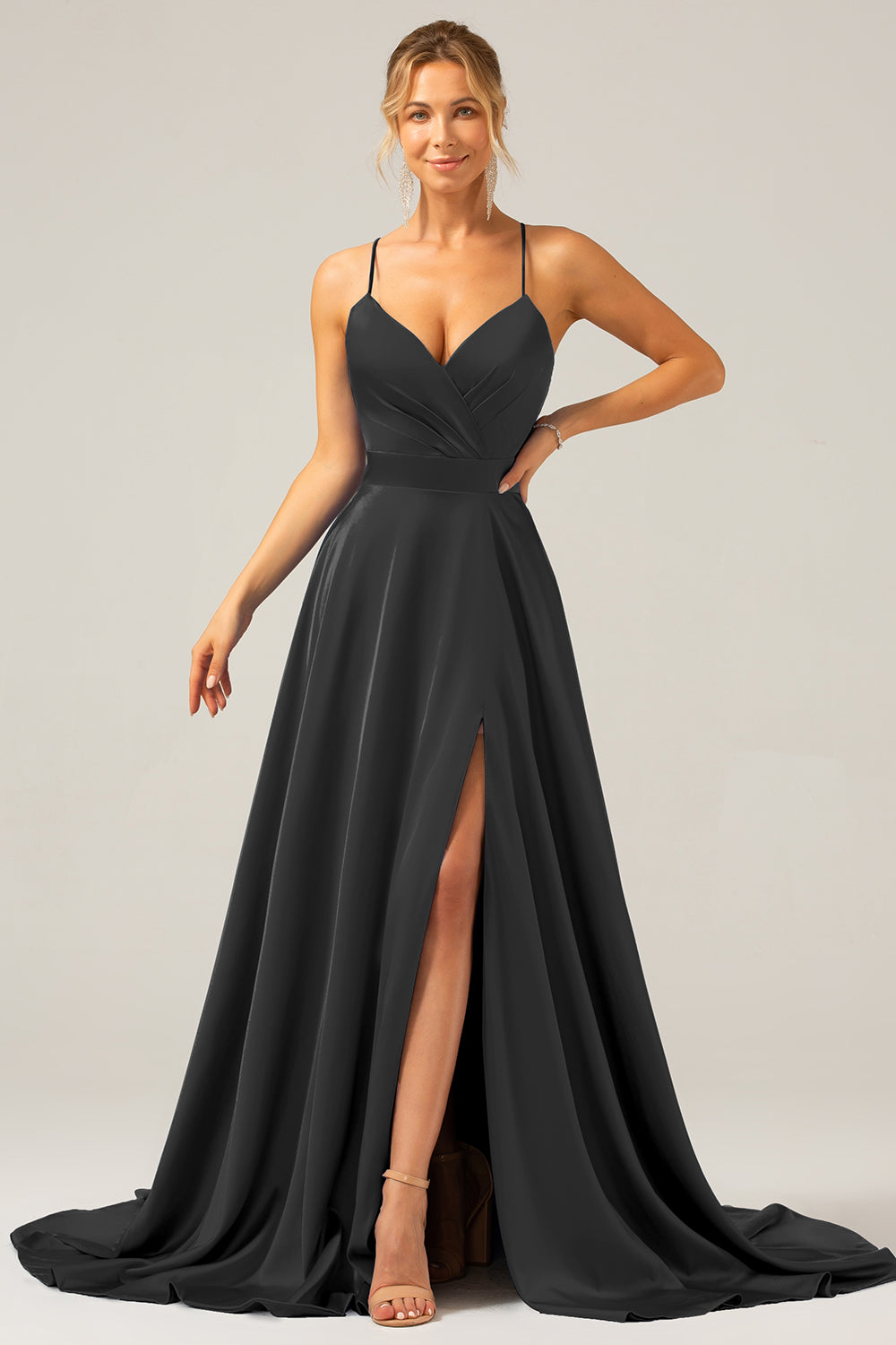 Royal Blue Satin A Line Spaghetti Straps Ball Dress with Slit