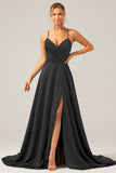 Royal Blue Satin A Line Spaghetti Straps Ball Dress with Slit