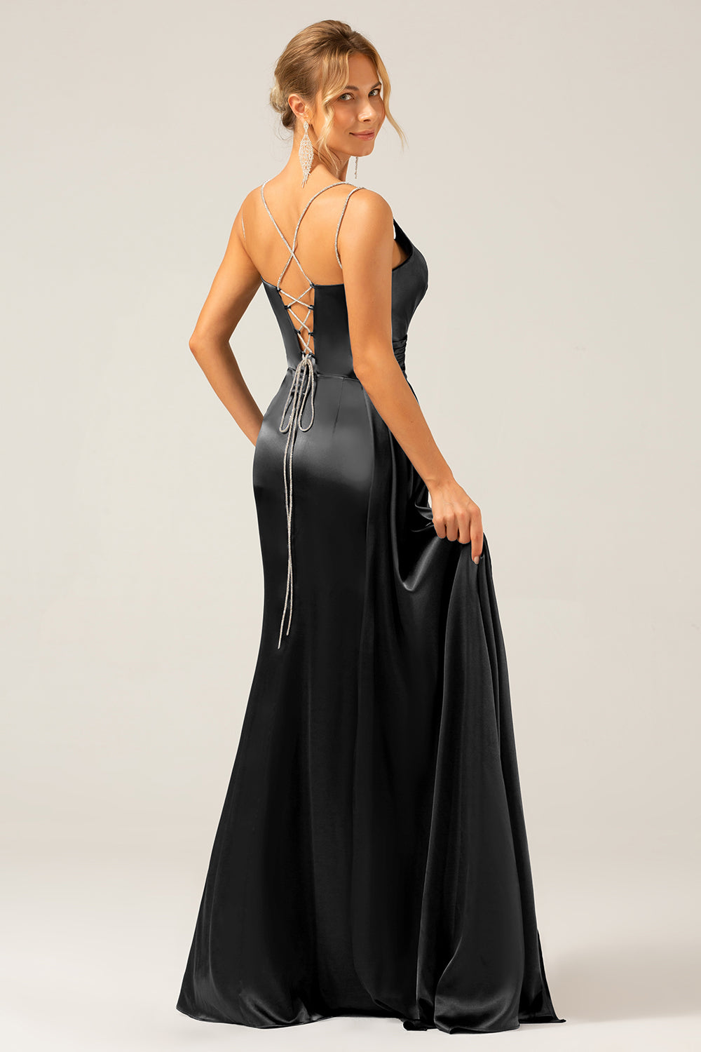 Black Mermaid Corset Spaghetti Straps Pleated Long Ball Dress with Slit