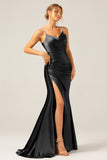 Black Mermaid Corset Spaghetti Straps Pleated Long Ball Dress with Slit