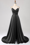 Royal Blue A Line Spaghetti Straps Satin Ball Dress with Slit