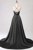 Royal Blue A Line Spaghetti Straps Satin Ball Dress with Slit