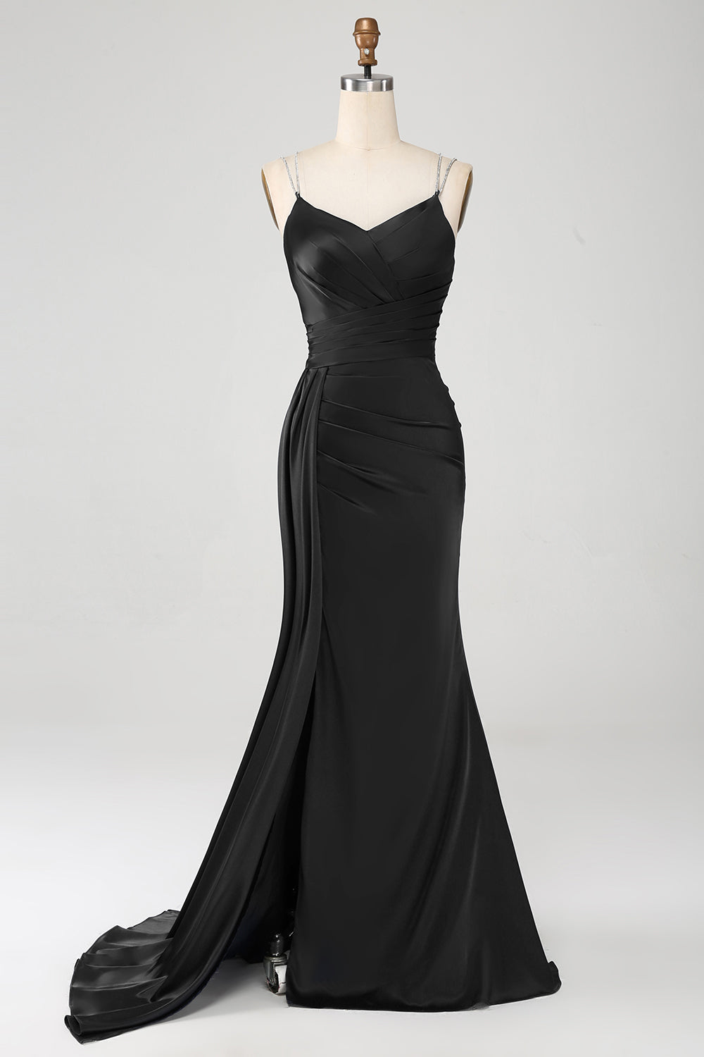 Navy Mermaid Spaghetti Straps Pleated Corset Long Ball Dress wth Slit