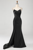 Navy Mermaid Spaghetti Straps Pleated Corset Long Ball Dress wth Slit