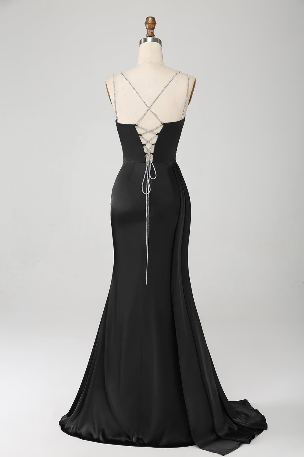 Navy Mermaid Spaghetti Straps Pleated Corset Long Ball Dress wth Slit
