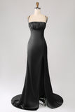 Dark Green Mermaid Spaghetti Straps Satin Ball Dress with Pleated