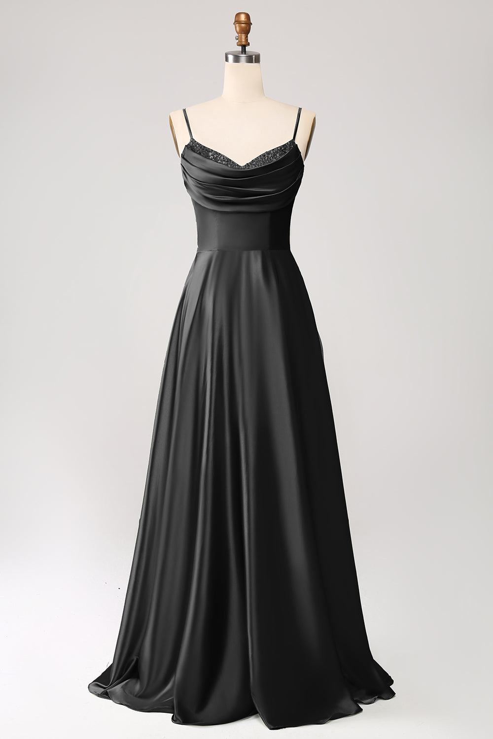 Dusty Sage A Line Cowl Neck Satin Long Ball Dress with Pleated
