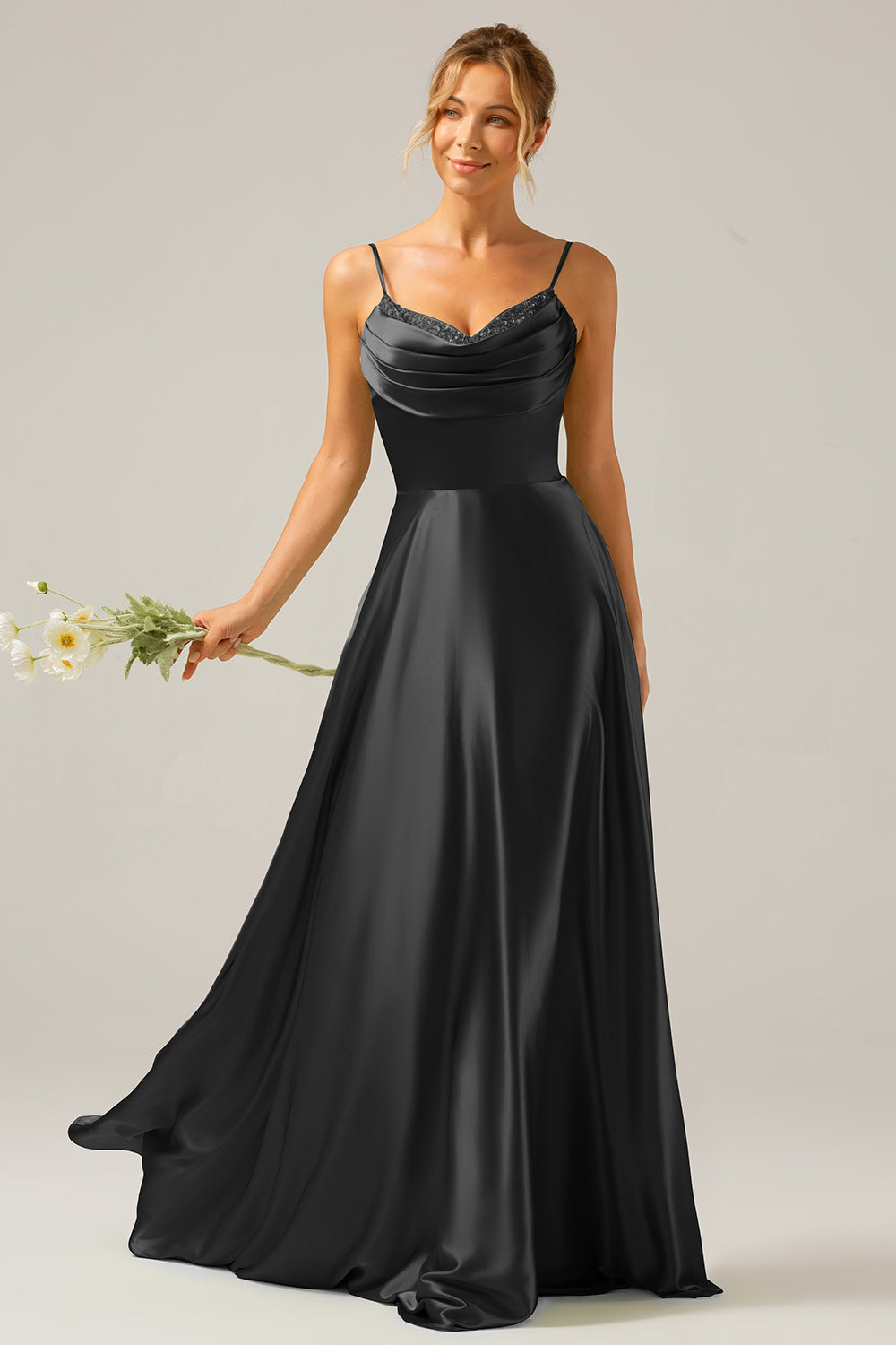 Dusty Sage A Line Cowl Neck Satin Pleated Long Ball Dress