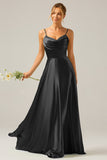 Dusty Sage A Line Cowl Neck Satin Pleated Long Ball Dress