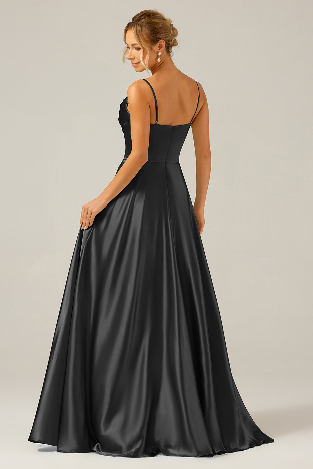 Dusty Sage A Line Cowl Neck Satin Pleated Long Ball Dress
