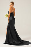 Black Mermaid Spaghetti Straps Satin Pleated Ball Dress
